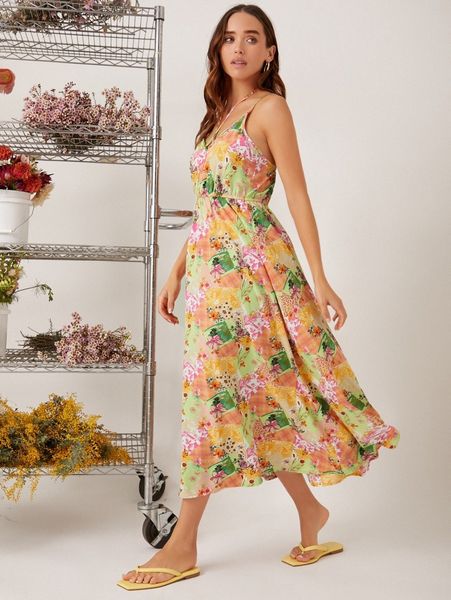 

patchwork print tie backless dress t0vi#, Black;gray