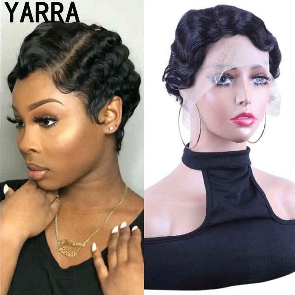 

t part pixie cut human hair wig deep wave side hd transparent lace brazilian virgin curly glueless s remy 220609, Black;brown