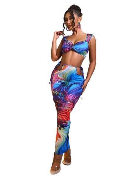 

sxy graphic print twist crop cami & cut out knot side skirt x8ud#, White