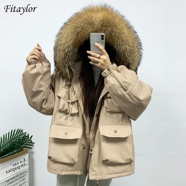 

large natural raccoon fur hooded down jacket women 90% white duck down parka winter thick loose coat snow outerwear y201026, Black