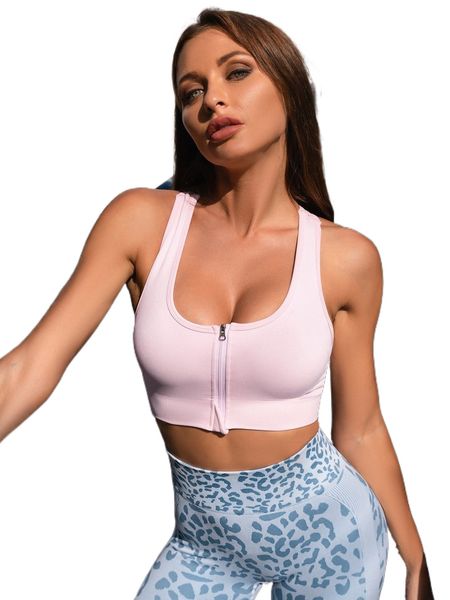 

solid zip front cut out back sport bra z6tk#, Gray