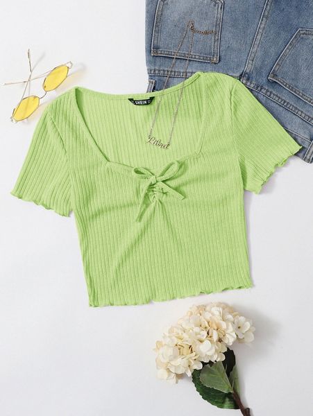 

ruched knot front lettuce trim rib-knit a1ht#, White