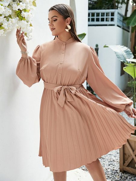 

simplee plus half button lantern sleeve belted pleated hem dress w2ws#, Black