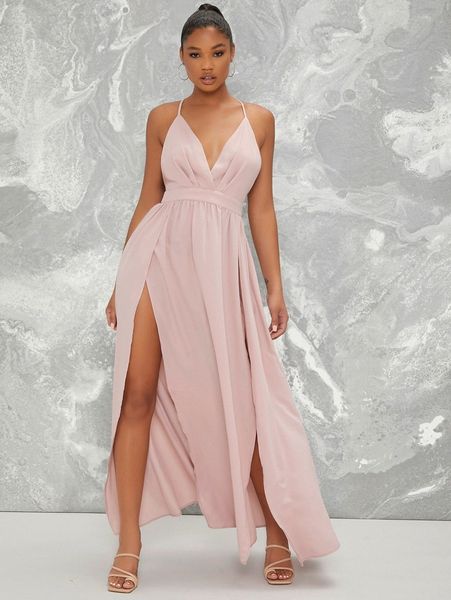 

slit cross back cami prom dress m8gy#, Black;gray