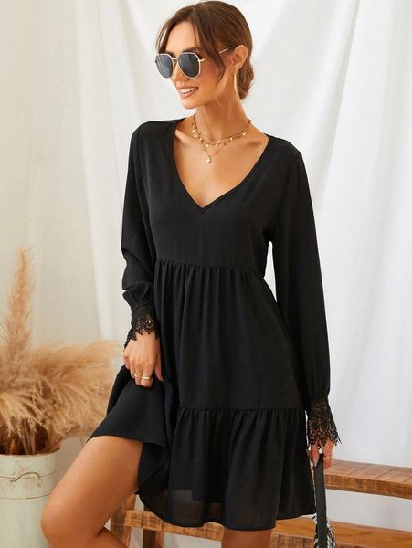 

lace detail v neck ruffle hem dress m9zs#, Black;gray