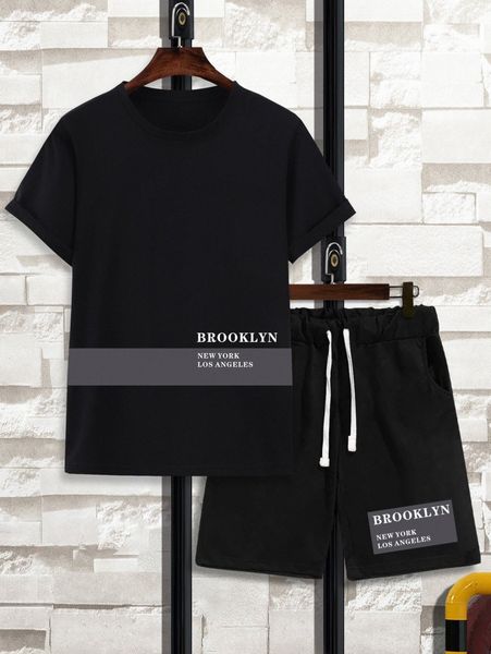 

men letter graphic tee & drawstring waist shorts k071#, Gray