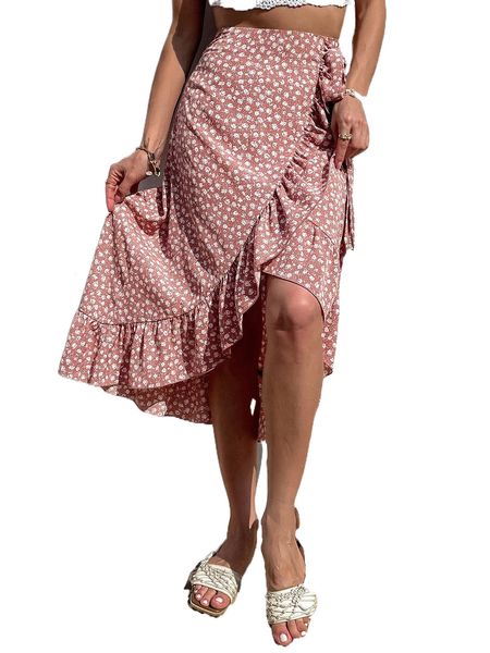 

ditsy floral tie front ruffle hem wrap skirt p392#, Black