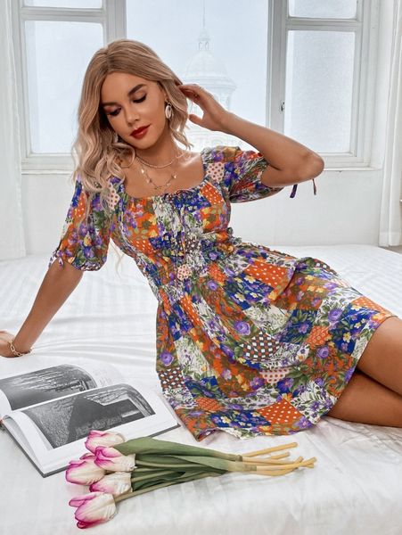 

floral print square neck dress o6um#, Black;gray