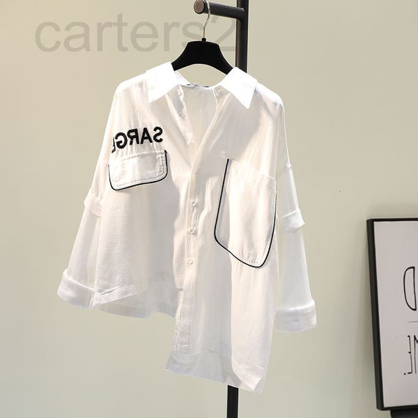 

women's blouses & shirts designer white embroidered letter irregular cotton linen shirt women's 2021 autumn summer new korean loos