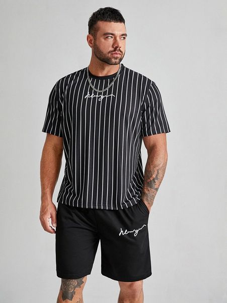 

extended sizes men letter graphic stripe tee & track shorts f4qs#, Gray