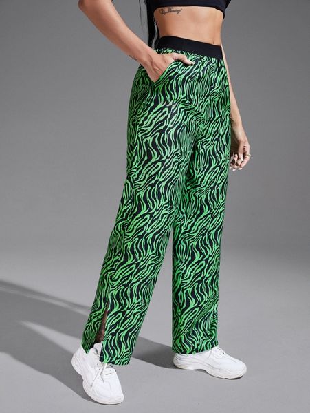 

zebra striped print split hem pants f21w#, Black;white