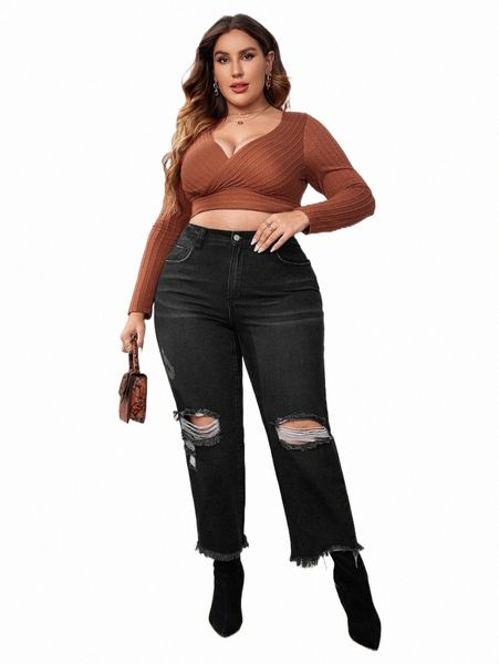 

plus high waist ripped raw cut jeans d53j#, Blue