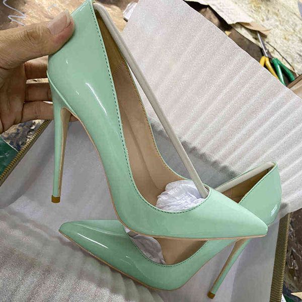 

12cm womens high heel shoes bright narrow toe stiletto mint green 8cm 10cmlight green heels t220730, Black
