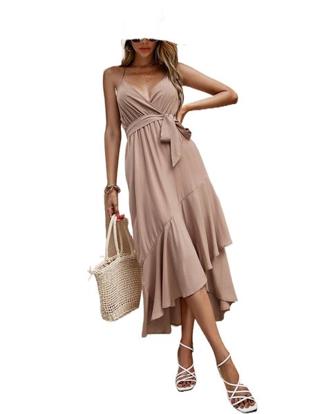 

solid belted ruffle hem cami dress a8h3#, Black;gray