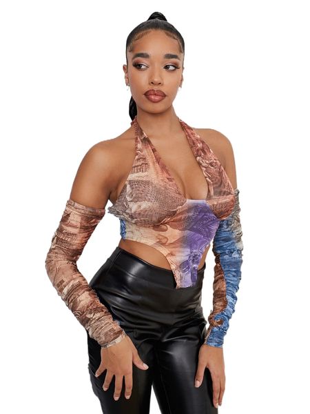 

sxy off shoulder halter asymmetrical hem graphic print 22ak#, White
