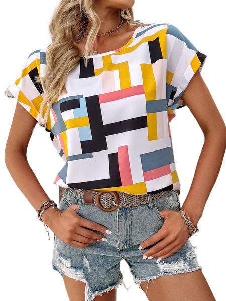 

geo print batwing sleeve blouse d5ei#, White