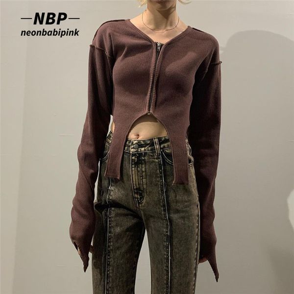 

neonbabipink asymmetrical zip up v neck long sleeve crop knitted black brown cardigan fall clothes t shirts n33 bi17 220714, White