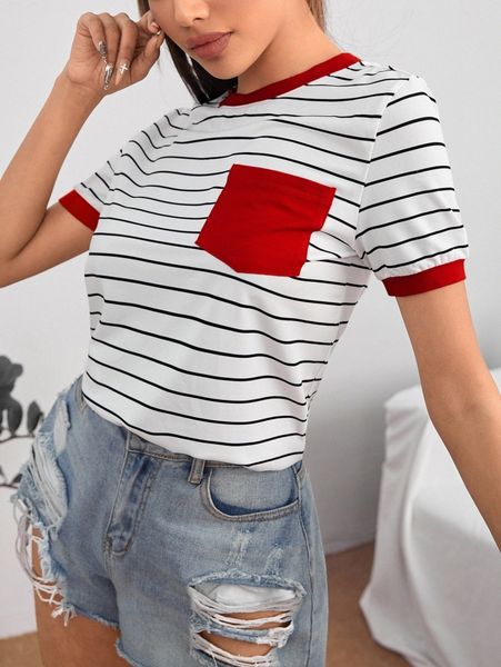 

petite striped pattern patch pocket tee j66n#, White