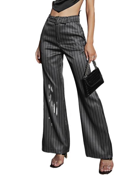 

striped belted wide leg pants t8mn#, Black;white
