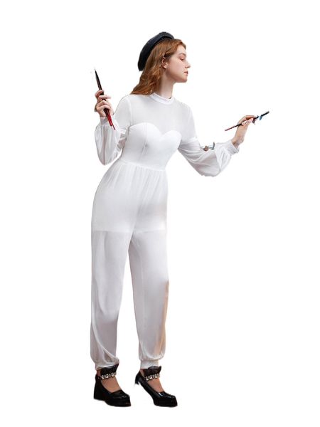 

x bryan phandanouvong stand neck lantern sleeve jumpsuit 63kl#, Black;white