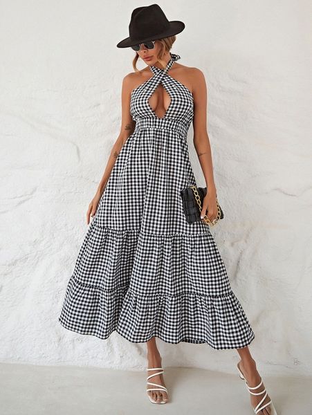 

gingham backless flounce hem halter neck dress i4fw#, Black;gray