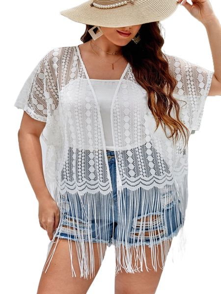 

plus batwing sleeve fringe hem lace kimono h6dl#, Black;gray