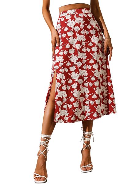 

allover floral print slit skirt 6663#, Black