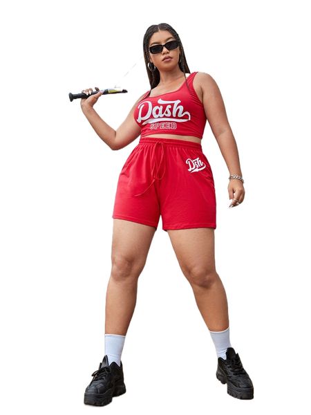 

plus letter graphic tank & drawstring waist shorts m5o4#, Black