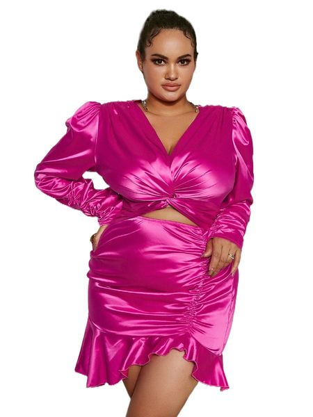 

glamaker plus twist front cut out ruched ruffle hem satin dress d6ph#, Black