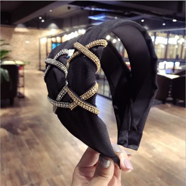 

new fashion boutique hair accessories fabric diamond cross knot wide side headband drill strip bow slip hairband for women, Silver