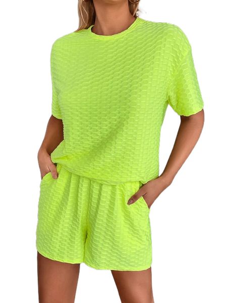 

neon green honeycomb textured drop shoulder tee & shorts x3yy#, White