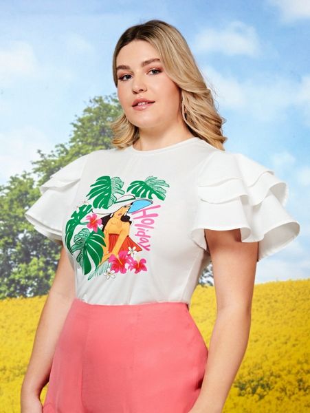 

plus figure & tropical print layered sleeve tee z2w9#, Black