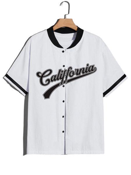 

romwe guys letter baseball neck button front shirt m86h#, White;black
