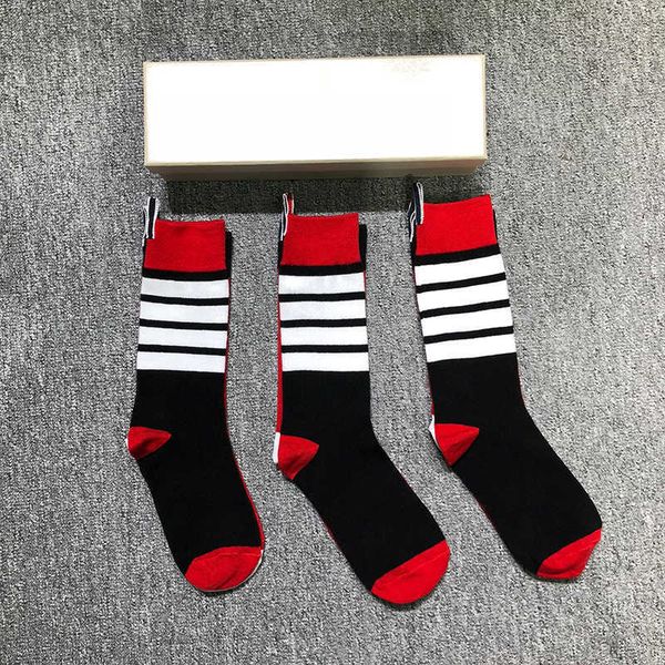 

thom men's luxury multicolor socks women's 4-bar stripes cotton street fashion wholesale tb stockings ins 3 pairs, Black