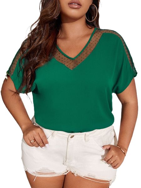 

plus contrast dobby mesh dolman sleeve blouse 10lg#, Black