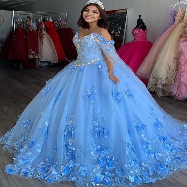 Abiti Quinceanera lavanda azzurri 2022 con maniche floreali in rilievo Dubai Ball Gown Prom Dress Princess Birthday 15 Sweet