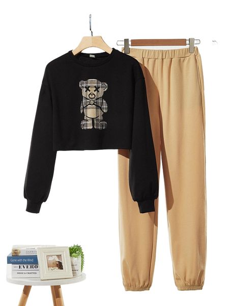 

teen girls plaid bear print pullover & sweatpants v780#, Black;white