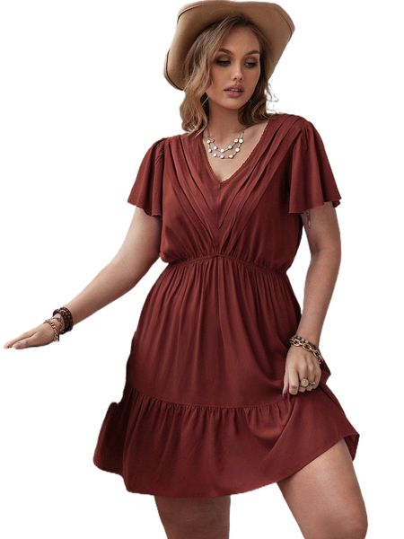 

rusttydustty plus press crease detail flutter sleeve ruffle hem dress s9ap#, Black