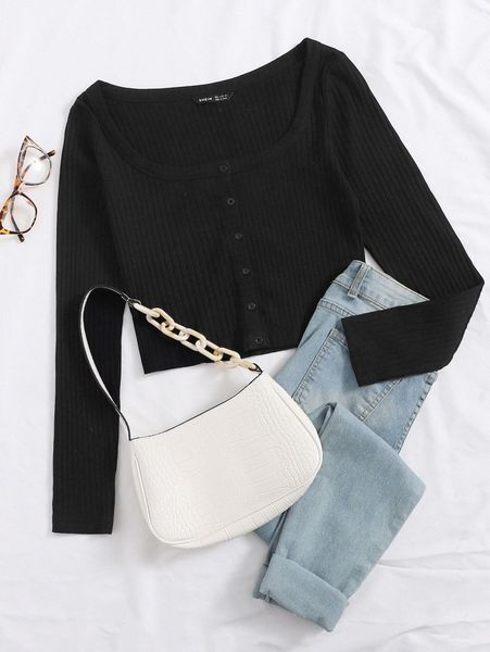 

scoop neck button placket rib-knit tee y0ca#, White