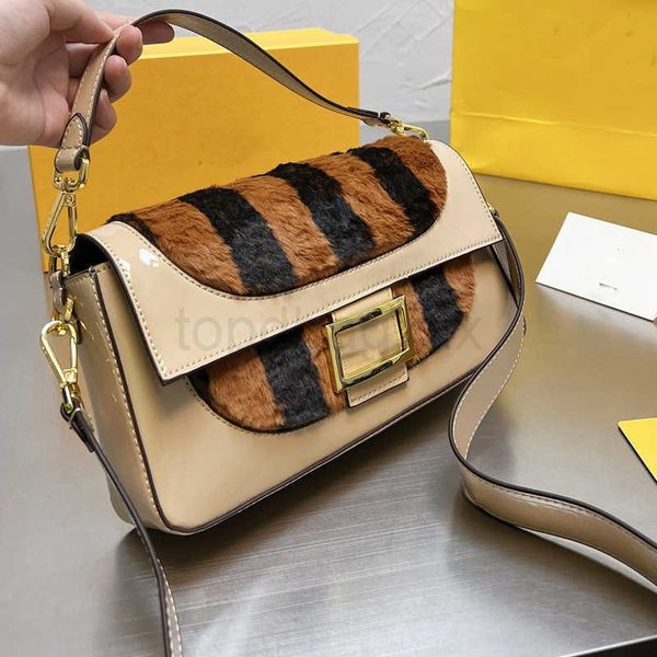

9a luxury design bag plush baguette women handbag purse striped patchwork color fur crossbody fashion letter magnetic buckle detchable shoul