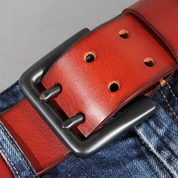 Cinture Cintura da uomo in pelle di vacchetta con doppio foro da 4,4 cm Casual Retro Fatta a mano di lusso con fibbia ad ardiglione a due artigli Design JeansCinture