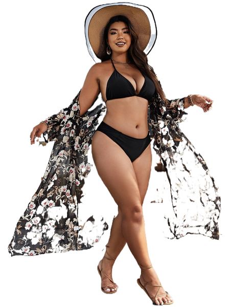 

plus floral print kimono f7rz#, Black;gray