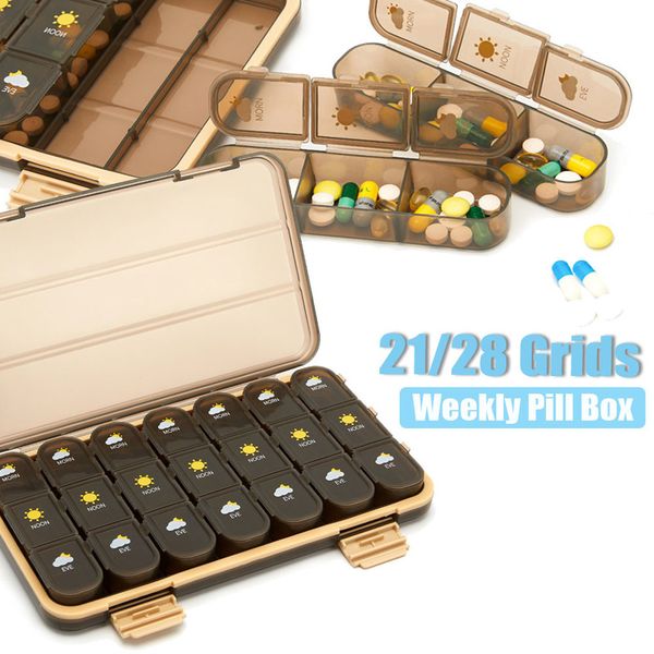 

portable 21/28 grids weekly pill box medicine dispenser tablet organizer storage boxes 7 days compartment pills case container 220711