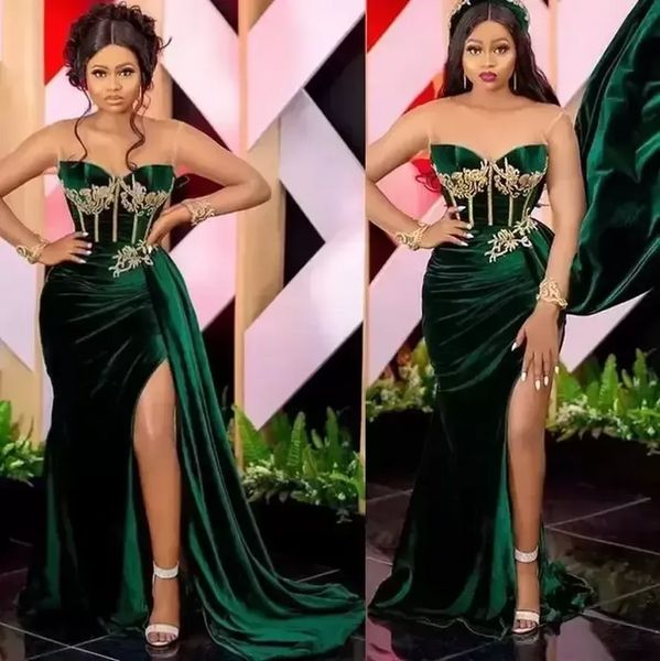Emerald Green African Prom Party Plays Sexy Slit Sweetheart Arabic Aso Ebi Velvet Plus Plus Plus Werven Enday Howns Wear Bc14244 0815