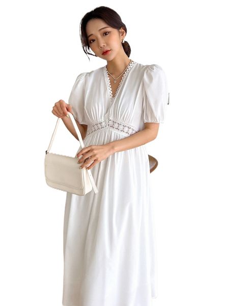 

dazy contrast lace puff sleeve dress 96qg#, Black;gray