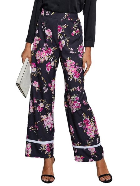 

floral print contrast tape flare leg pants b4pu#, Black;white