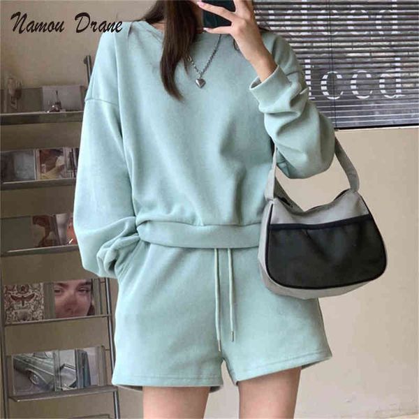 

high street women suits sweatshirts casual soft 2022 stylish sports loose sets chic wide leg shorts t220729, Gray