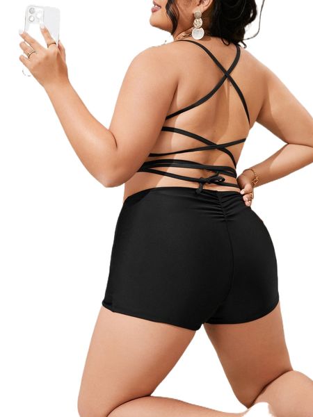 

plus lace up back scrunch butt bikini swimsuit d6xy#, White;black
