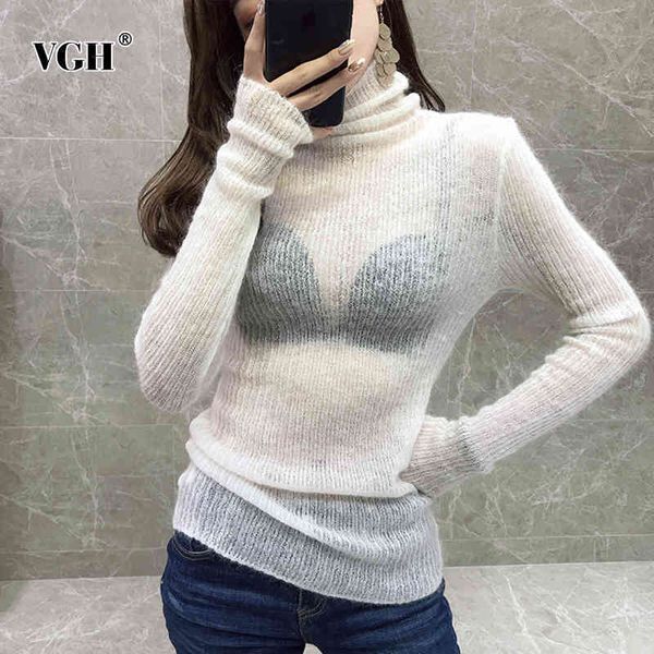 

slim see through sweater for women turtleneck long sleeve white solid basic sweaters female autumn fashion style 210507, White;black
