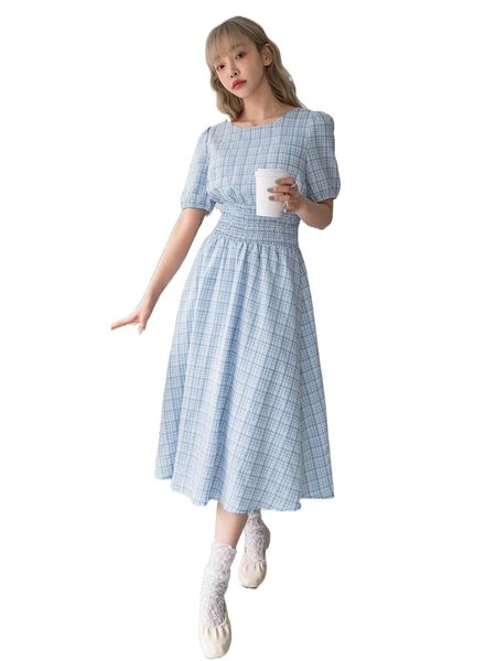 

dazy plaid shirred waist puff sleeve dress k7k5#, Black;gray